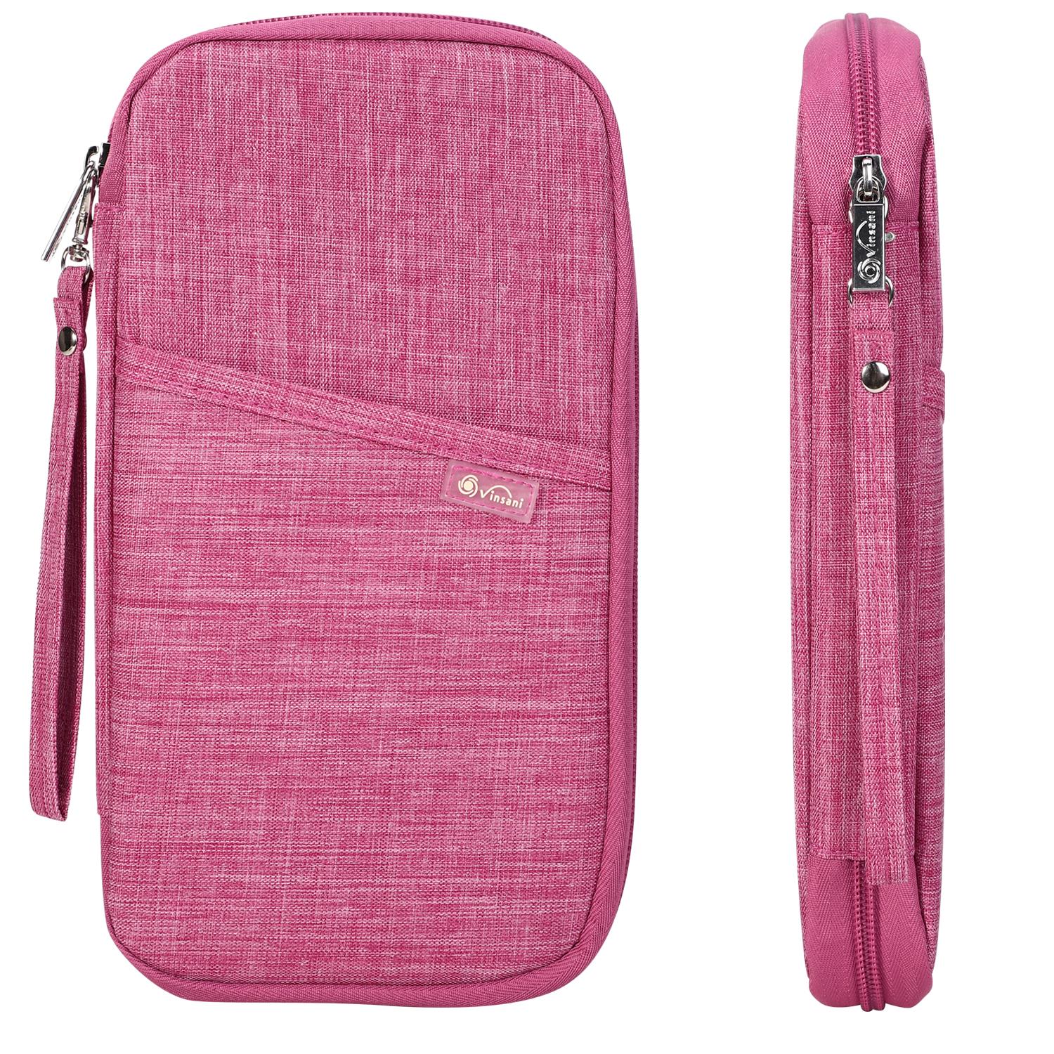 Vinsani family travel wallet and passport holder with multiple compartments for tickets, ID, credit cards, and currency.
