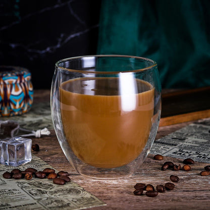 Set of two Vinsani double wall glasses with 380ml capacity, showcasing clear glass design and double insulation.