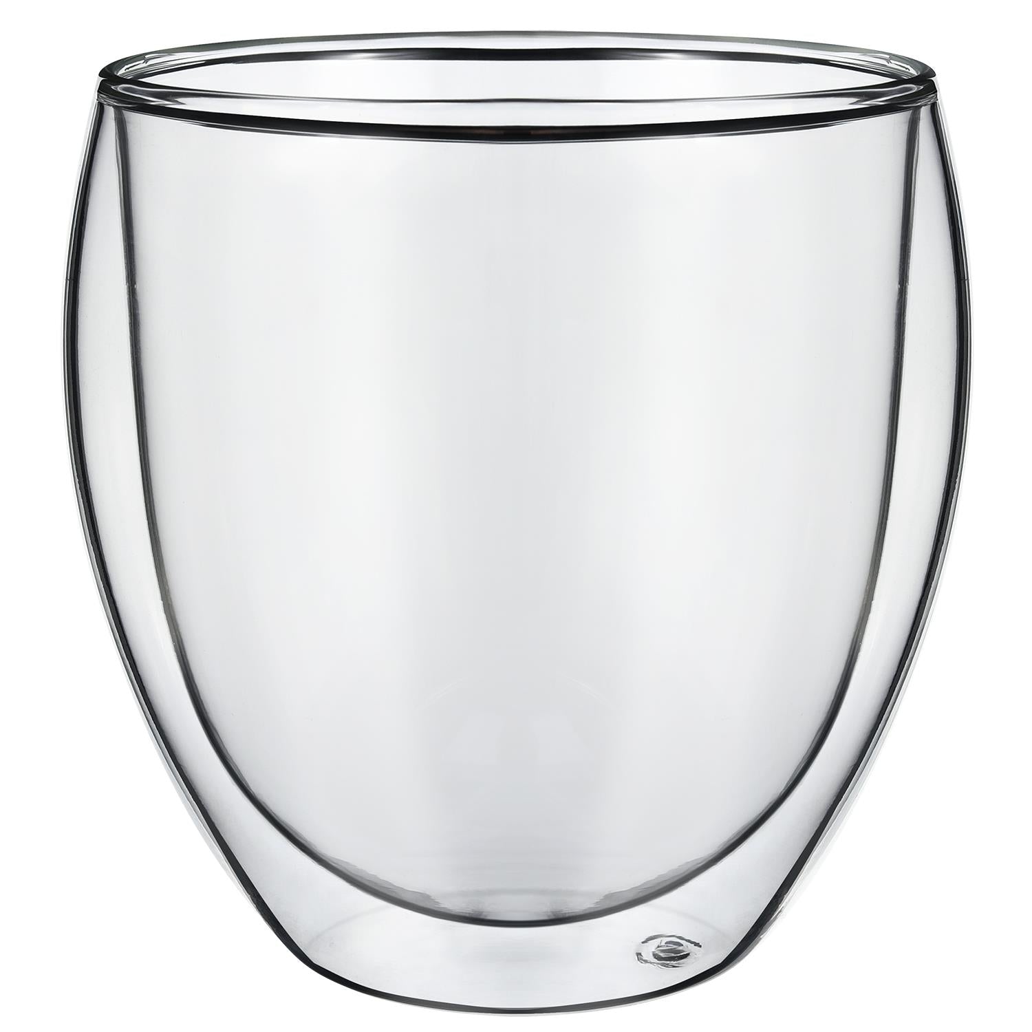 Set of two Vinsani double wall glasses with 380ml capacity, featuring clear glass with a sleek, modern design.