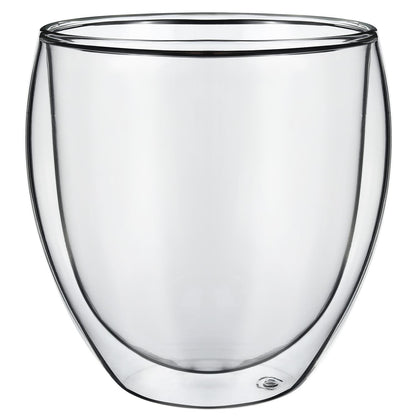 Set of two Vinsani double wall glasses with 380ml capacity, featuring clear glass with a sleek, modern design.