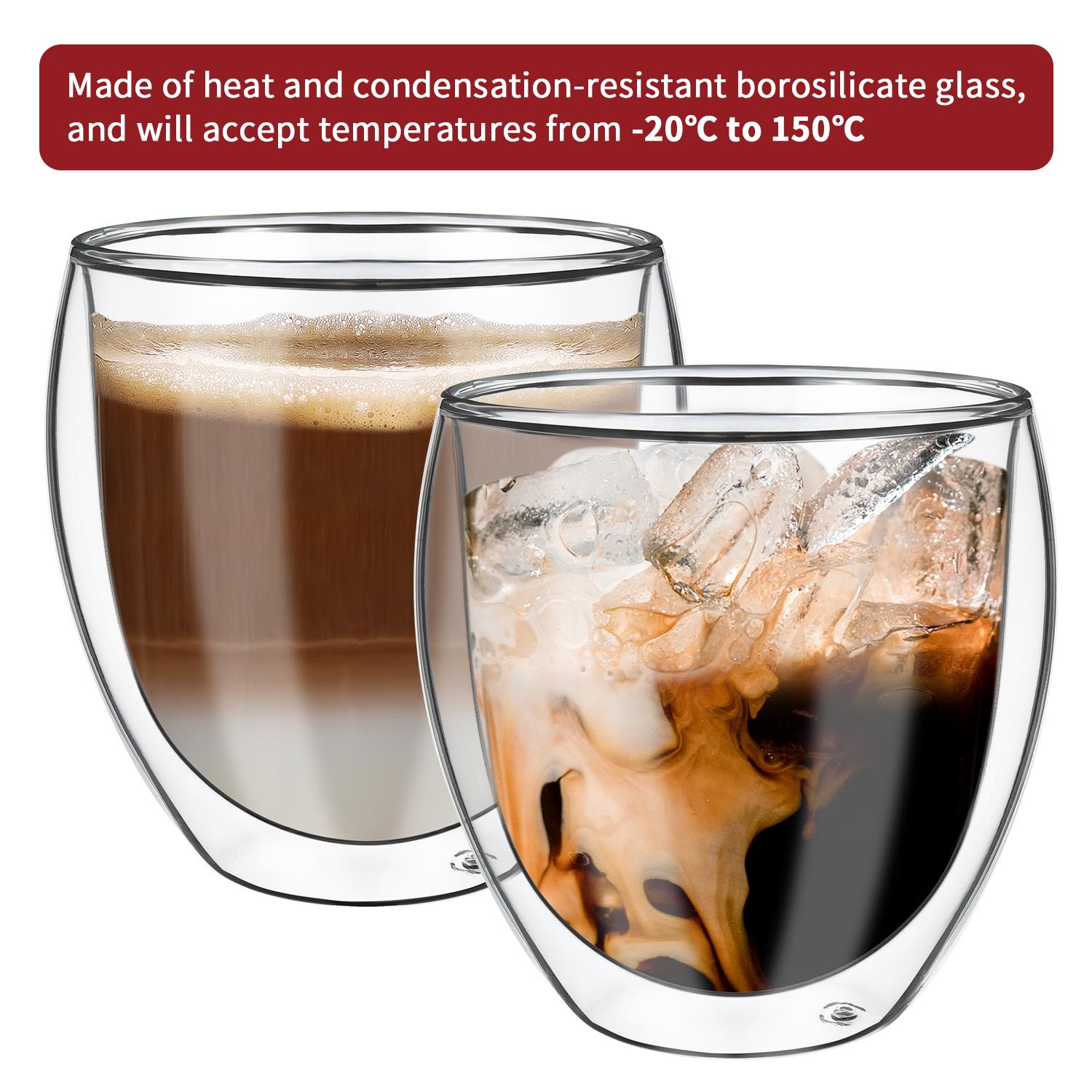 Set of two Vinsani double wall glasses with 380ml capacity, showcasing clear glass design and double wall insulation.