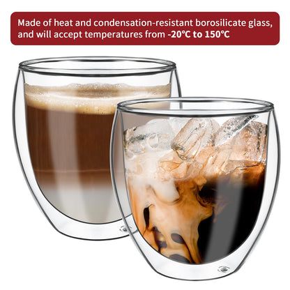 Set of two Vinsani double wall glasses with 380ml capacity, showcasing clear glass design and double wall insulation.
