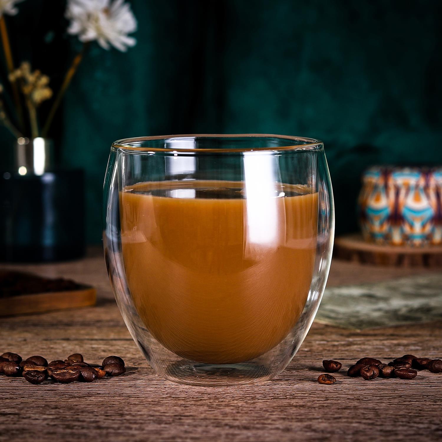 Set of two Vinsani double wall glasses with 380ml capacity, showcasing sleek, clear glass design with double insulation.