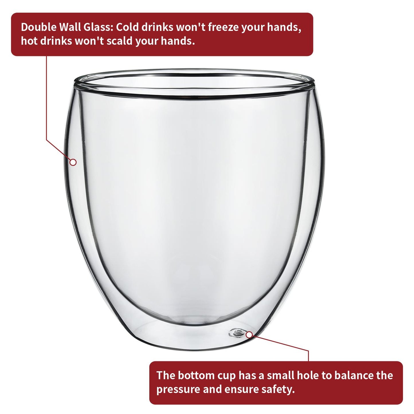 Set of two Vinsani double wall glasses with 380ml capacity, clear glass design, perfect for hot or cold beverages.