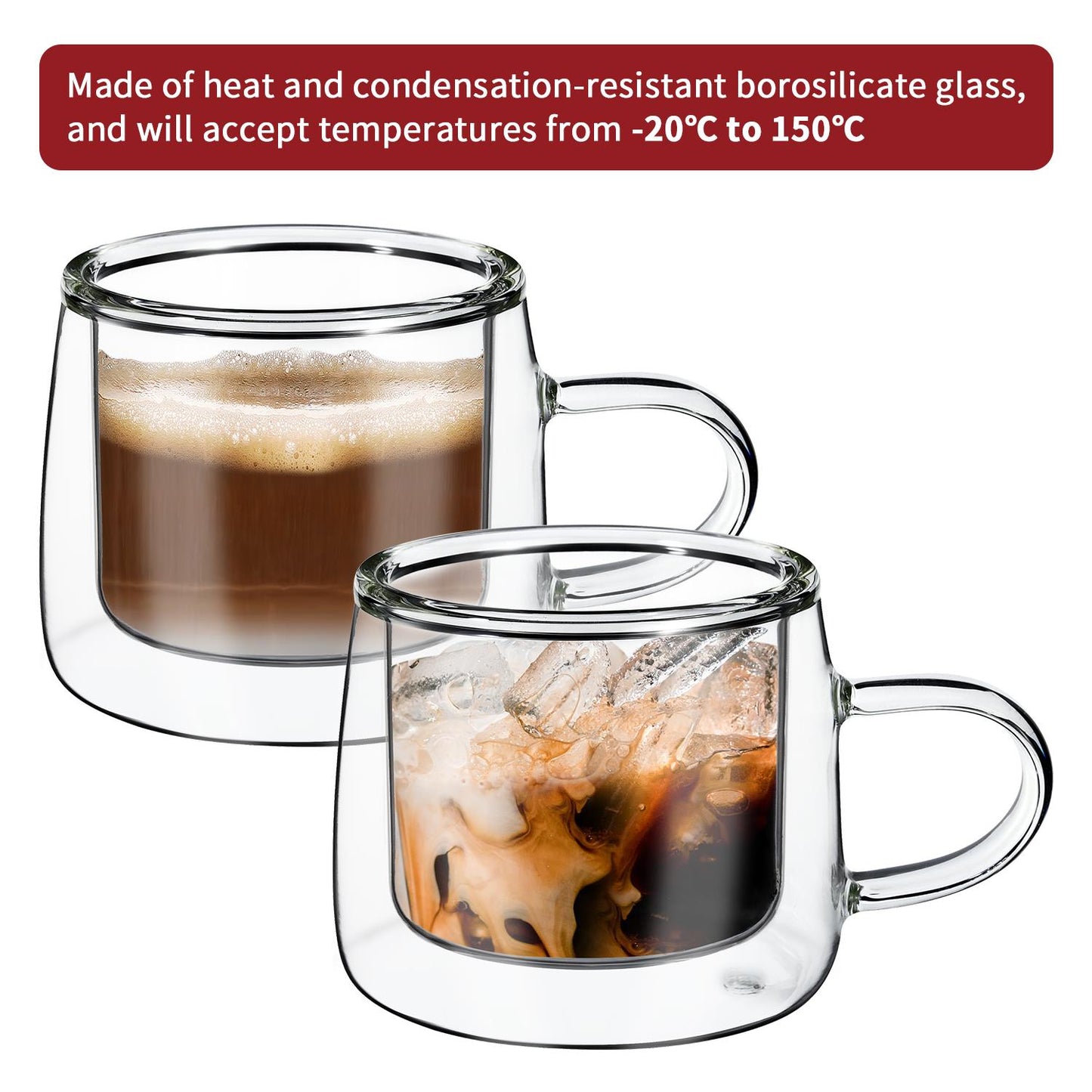 Set of two Vinsani double wall glasses with 80ml capacity, showcasing sleek transparent design for hot or cold beverages.