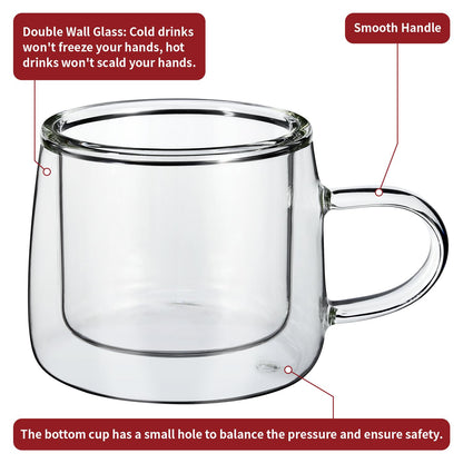 Set of two Vinsani double wall glasses with 80ml capacity, showcasing clear glass construction and modern design.