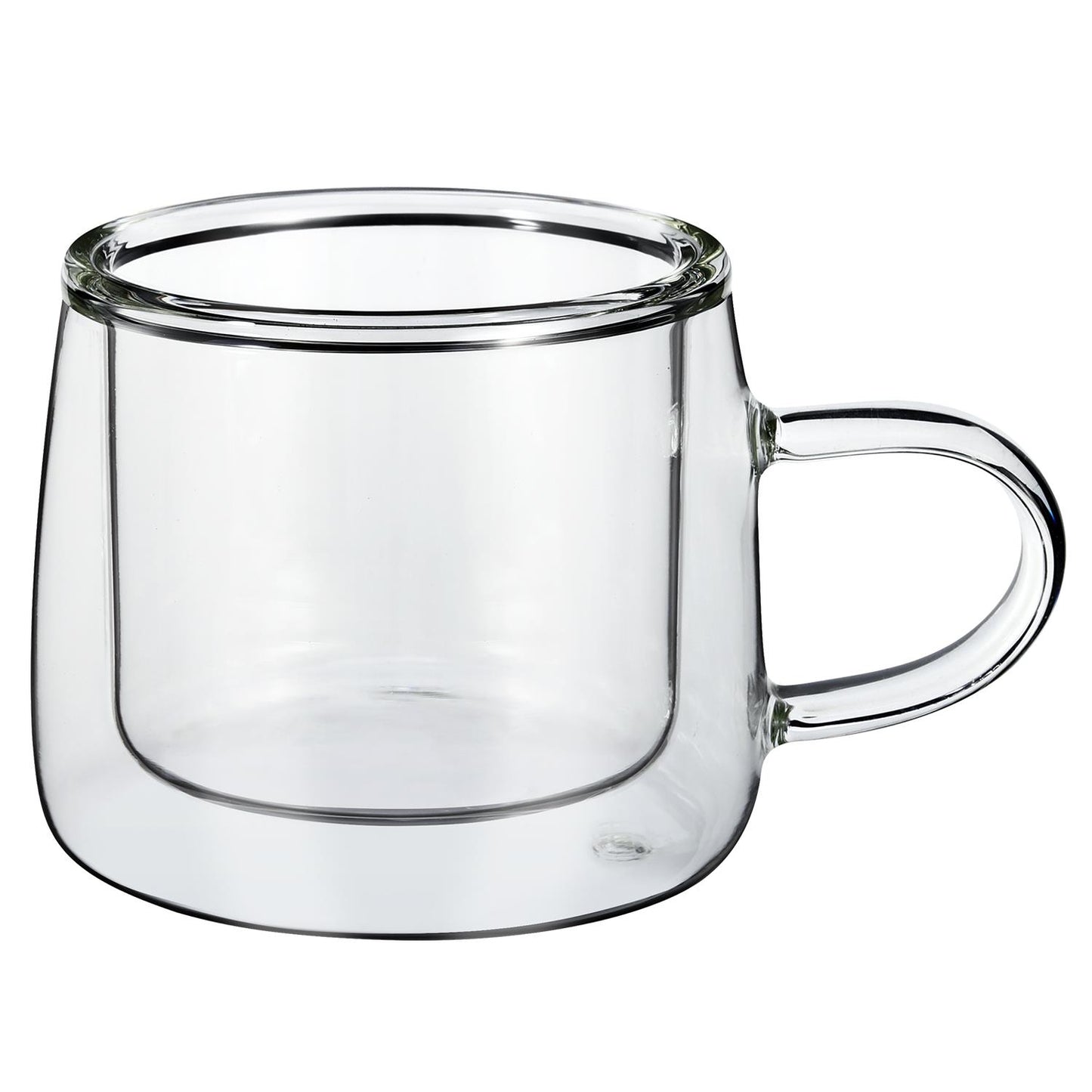 Set of two Vinsani double wall glasses with 80ml capacity, showcasing clear glass design with insulated double walls.