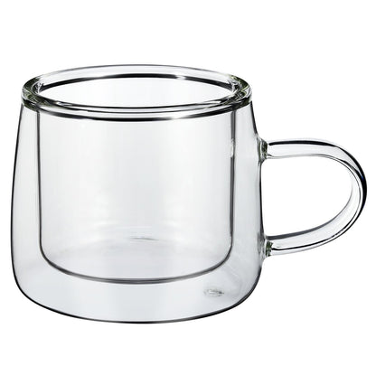 Set of two Vinsani double wall glasses with 80ml capacity, showcasing clear glass design with insulated double walls.