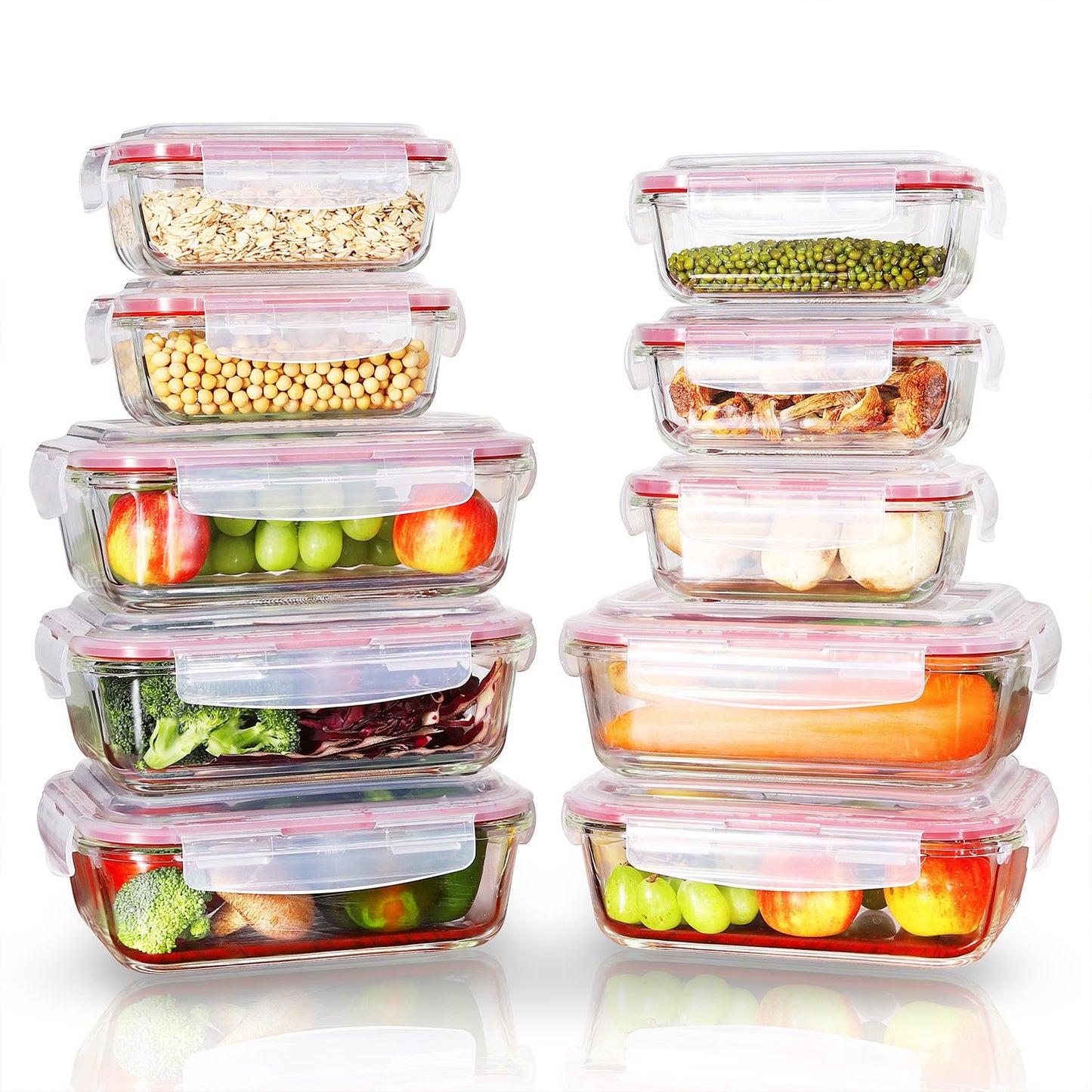 Set of 10 Vinsani glass food storage containers with airtight lids, rectangular meal prep boxes, microwave and dishwasher safe