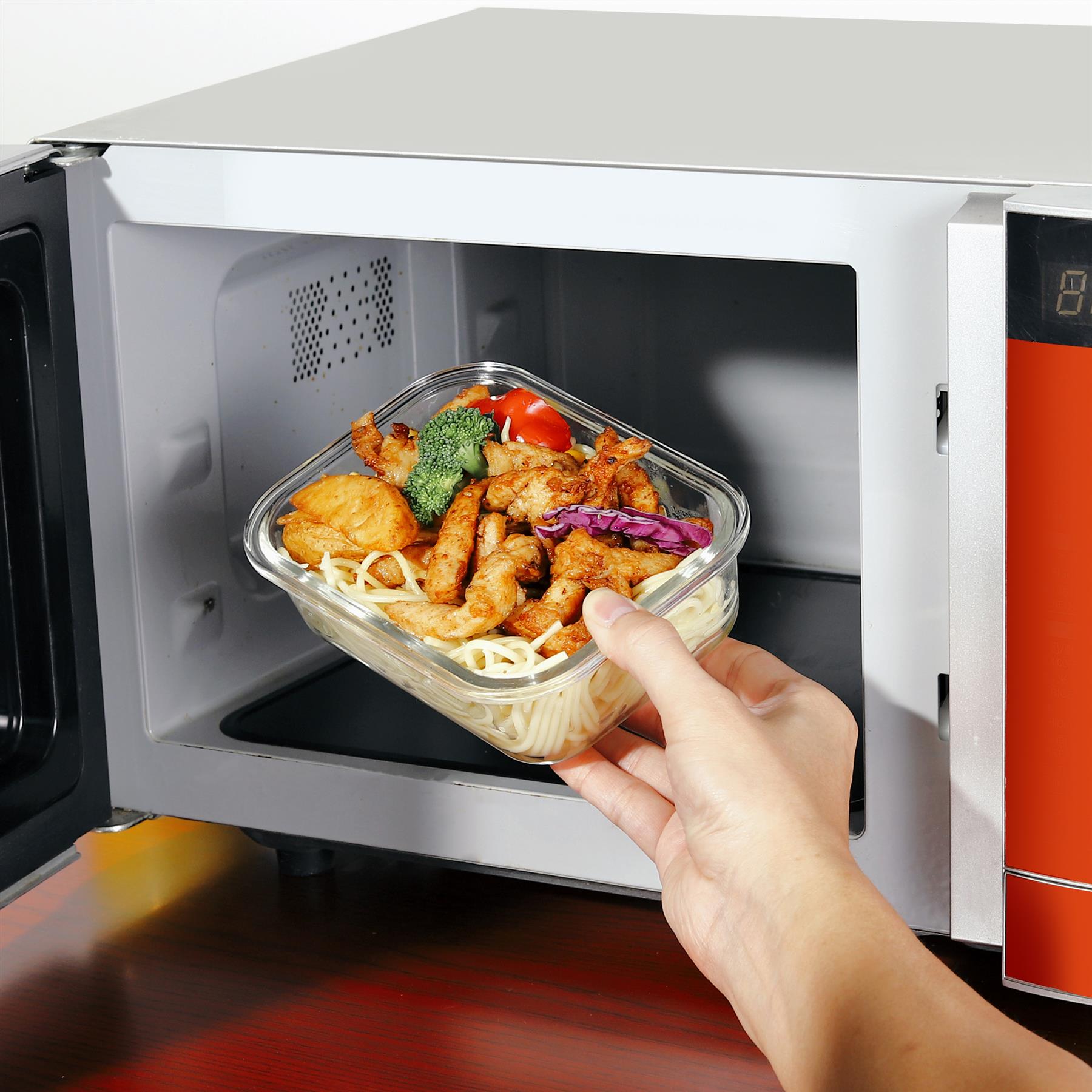 Set of 10 Vinsani glass food storage containers with airtight lids, microwave, dishwasher, and freezer safe, ideal for meal prep.