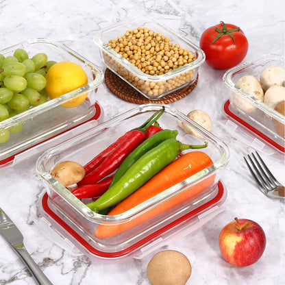 Set of 10 Vinsani glass food storage containers with lids, heat-resistant, leakproof, BPA-free, microwave, dishwasher, and freezer safe