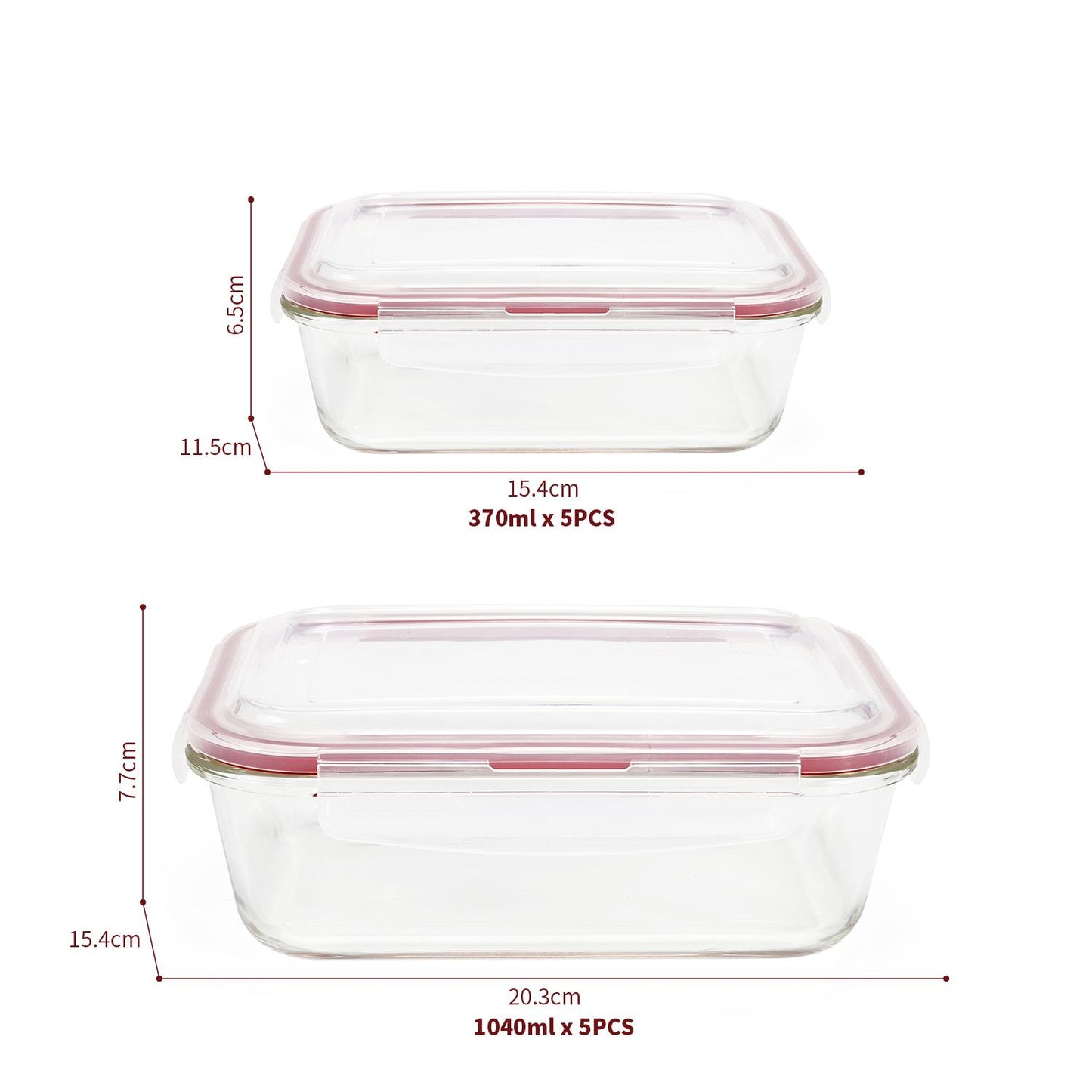 Set of 10 Vinsani glass food storage containers with lids, rectangular, heat-resistant, leakproof, dishwasher and microwave safe.