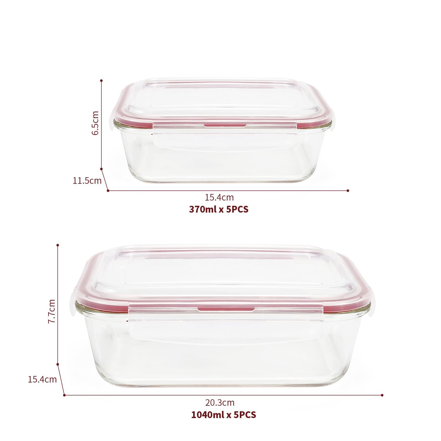 Set of 10 Vinsani glass food storage containers with lids, rectangular, heat-resistant, leakproof, dishwasher and microwave safe.