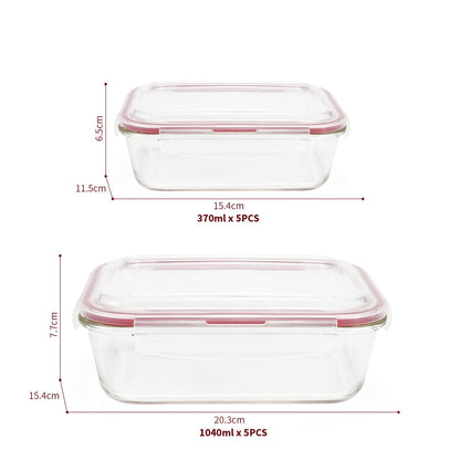 Set of 10 Vinsani glass food storage containers with lids, rectangular, heat-resistant, leakproof, dishwasher and microwave safe.