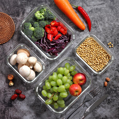 Vinsani glass food storage containers in a 10-pack, rectangular meal prep boxes with lids, airtight, heat resistant, leakproof, BPA-free.