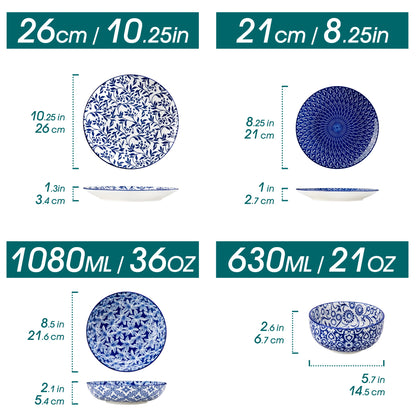 Livoshop blue and white Chinese porcelain plate set with 12/24/36 pieces including dinner plates, dessert plates, and cereal bowls