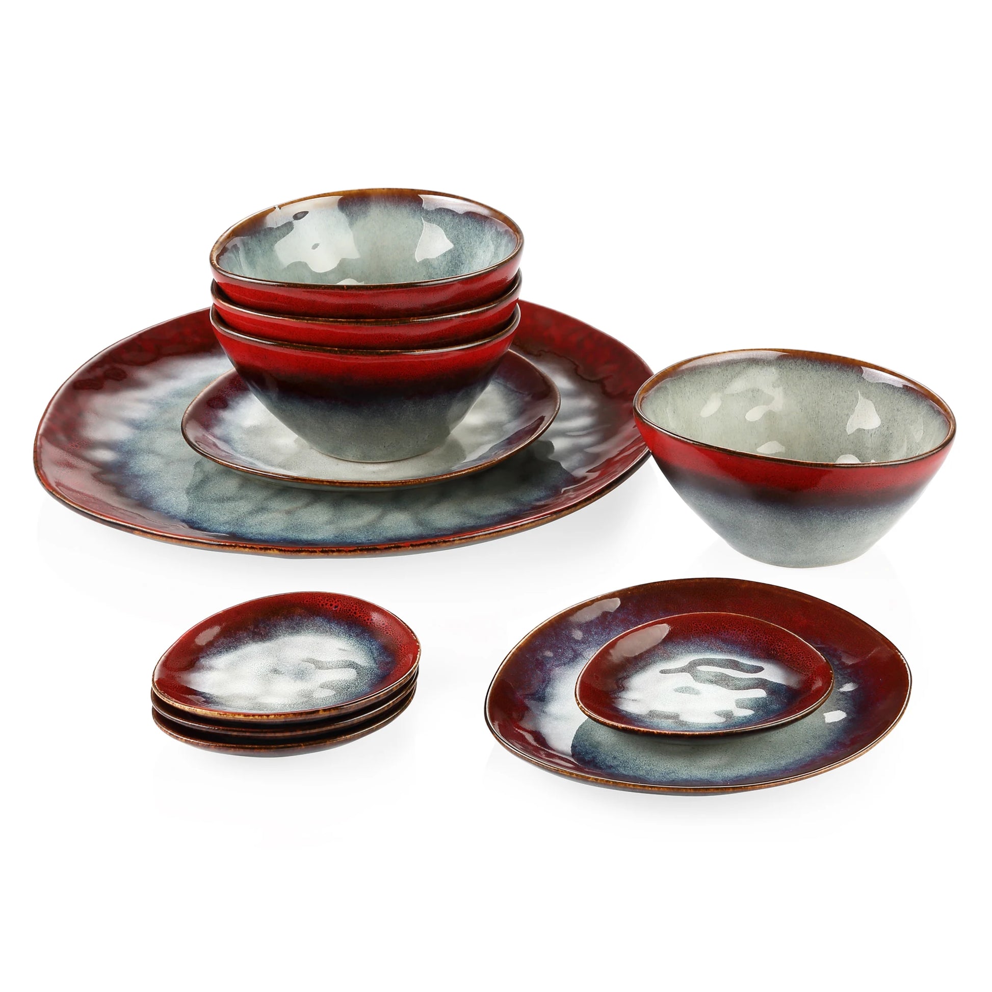 Starry Red ceramic dinnerware set by Livoshop, includes serving platter, dessert plates, bowls, and saucers with vintage look.