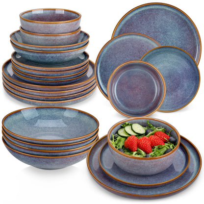 Set of grey-blue reactive glaze stoneware plates by Livoshop, includes dinner plates, dessert plates, and bowls in various sizes.