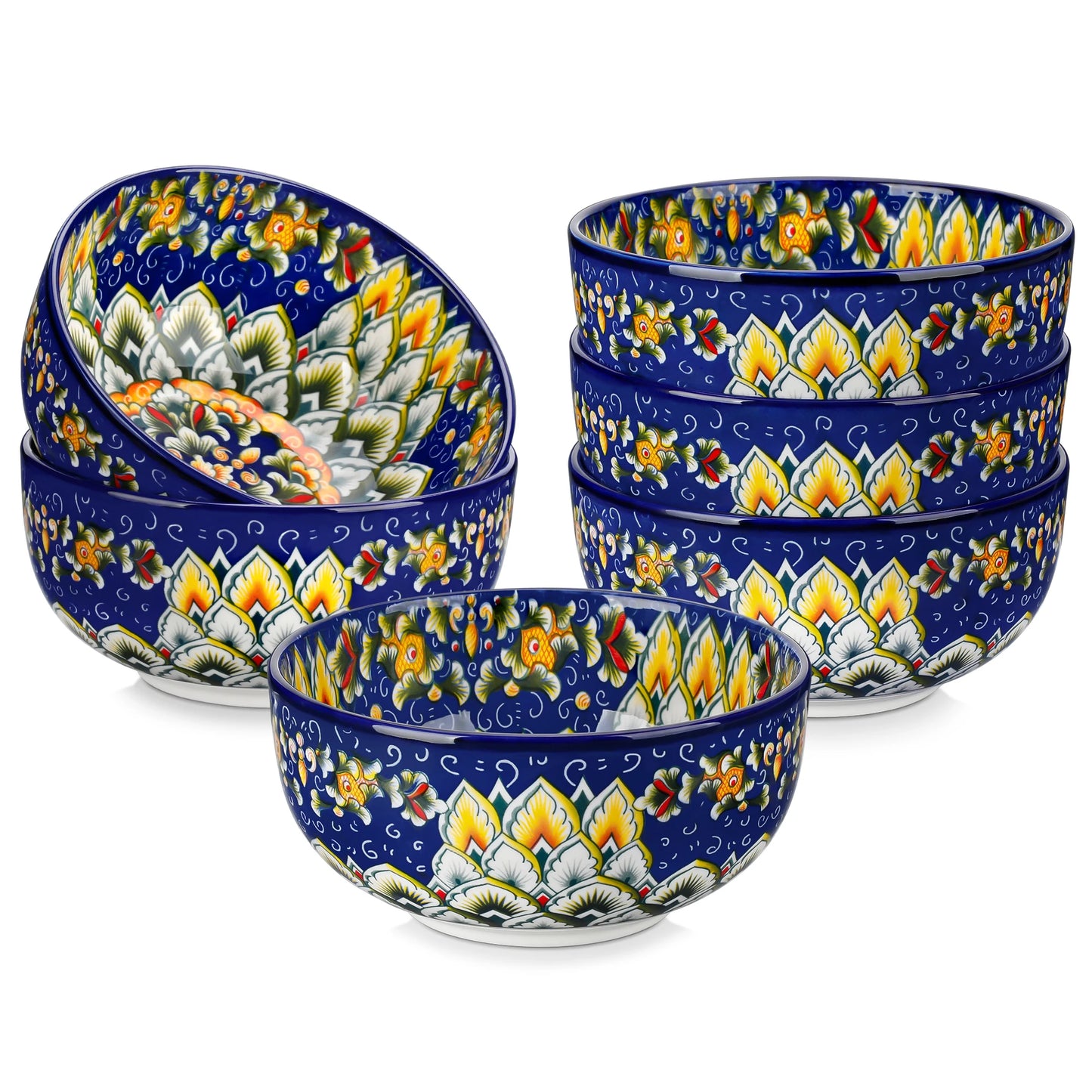 Set of six ceramic cereal bowls in bohemian style, 28 oz capacity, suitable for salad, pasta, rice, oatmeal, fruit, or cereal.
