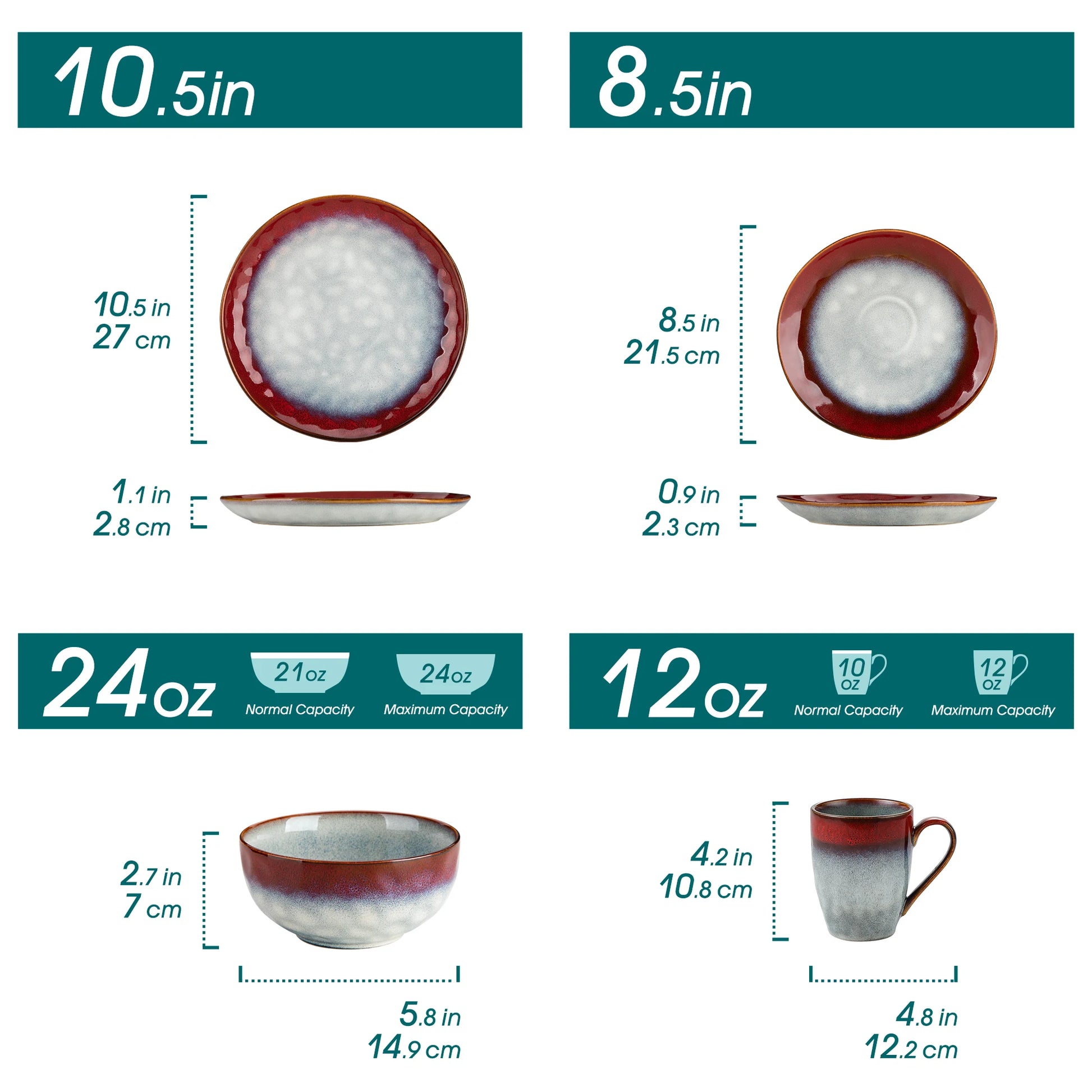 Livoshop 16/32-piece dinner set with red and green kiln-change glaze, includes dinner plates, dessert bowls, and mugs.