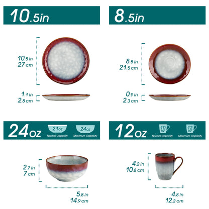 Livoshop 16/32-piece dinner set with red and green kiln-change glaze, includes dinner plates, dessert bowls, and mugs.