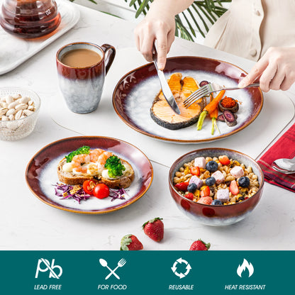 Livoshop 16/32-piece red and green kiln-change glaze dinner set includes dinner plates, dessert bowls, and mugs.