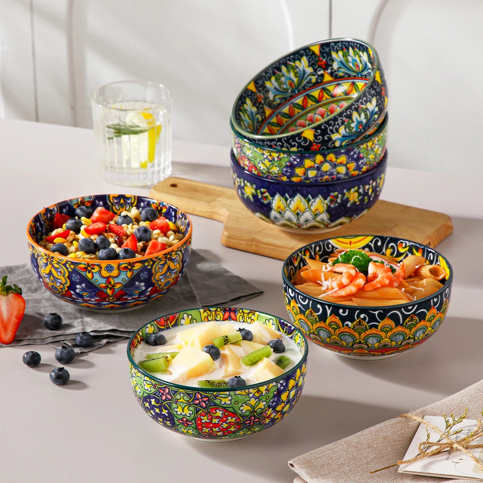 Set of 6 ceramic cereal bowls in bohemian style, 28 oz soup bowls for salads, pasta, rice, oatmeal, fruits, or cereal by Livoshop.