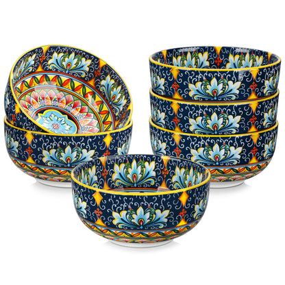 Set of 6 ceramic cereal bowls with bohemian style, 28 oz capacity, ideal for salads, pasta, oatmeal, fruit, and cereal.
