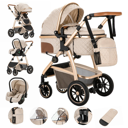 3 in 1 Prams Travel System, Pushchair with Height Adjustable Handle, Travel Pram with Mosquito Net, Baby Stroller with Aluminum
