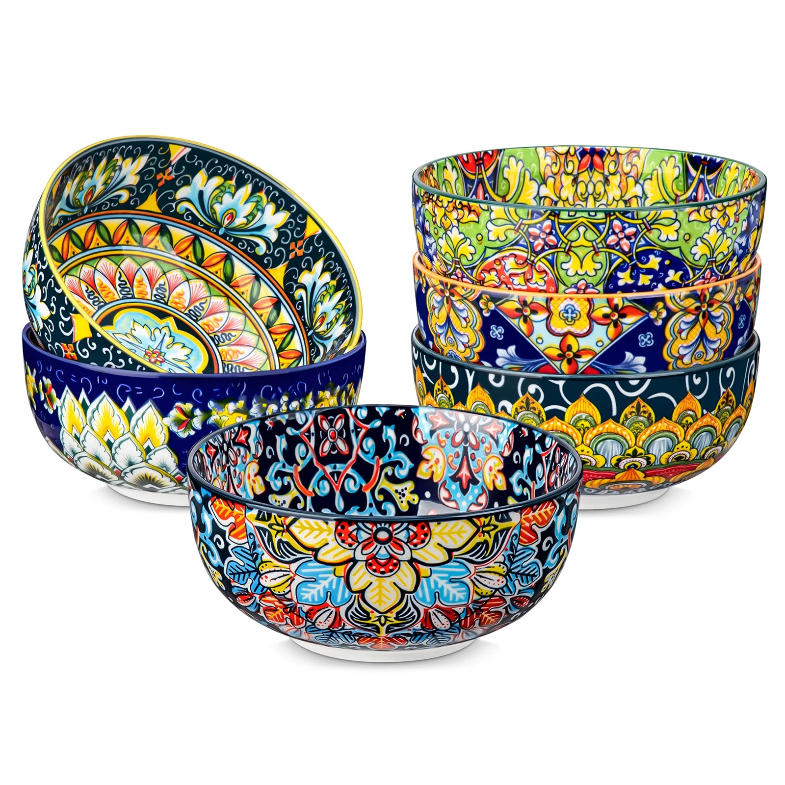 Set of six 28 oz ceramic cereal bowls in bohemian style, perfect for salad, pasta, rice, oatmeal, or fruit by Livoshop.