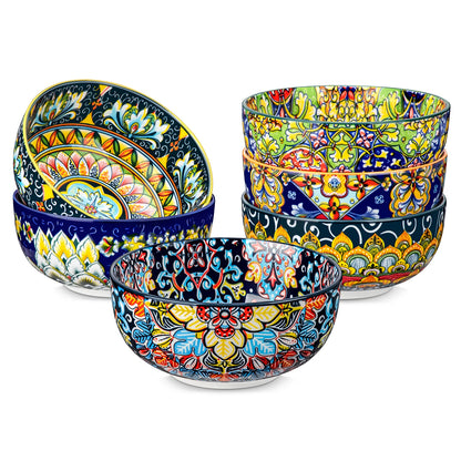 Set of six 28 oz ceramic cereal bowls in bohemian style, perfect for salad, pasta, rice, oatmeal, or fruit by Livoshop.