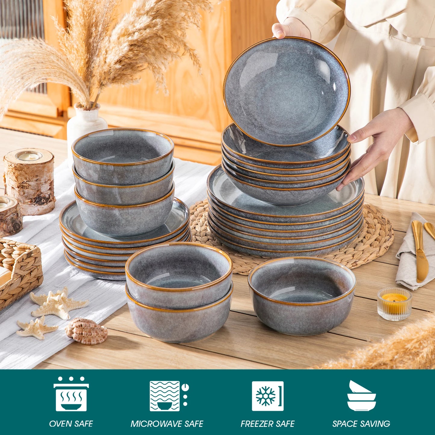 Vancasso grey-blue reactive glaze stoneware dinnerware set with 4 or 6 dinner plates, dessert plates, and bowls from Livoshop