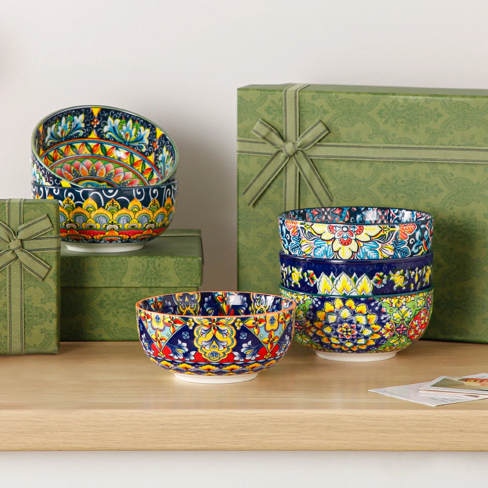 Set of six 28 oz ceramic cereal bowls with bohemian style, ideal for salads, pasta, rice, oatmeal, fruit, and cereal.