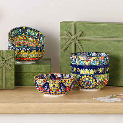 Set of six 28 oz ceramic cereal bowls with bohemian style, ideal for salads, pasta, rice, oatmeal, fruit, and cereal.