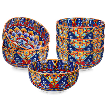 Set of six 28 oz ceramic cereal bowls in bohemian style, ideal for salads, pasta, rice, oatmeal, fruit, or cereal.