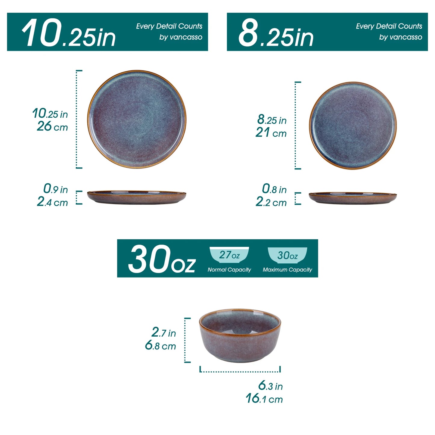 Vancasso grey-blue reactive glaze stoneware dinnerware set with 12/16/18/24 pieces including dinner plates, dessert plates, and bowls