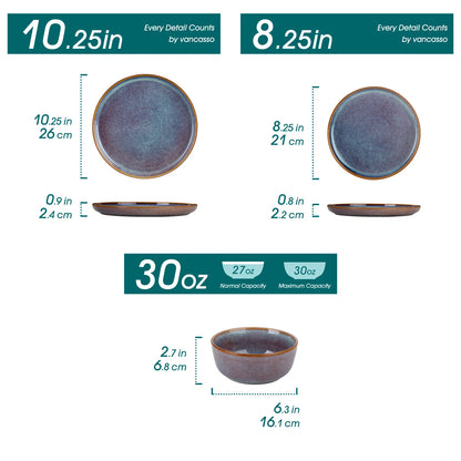 Vancasso grey-blue reactive glaze stoneware dinnerware set with 12/16/18/24 pieces including dinner plates, dessert plates, and bowls