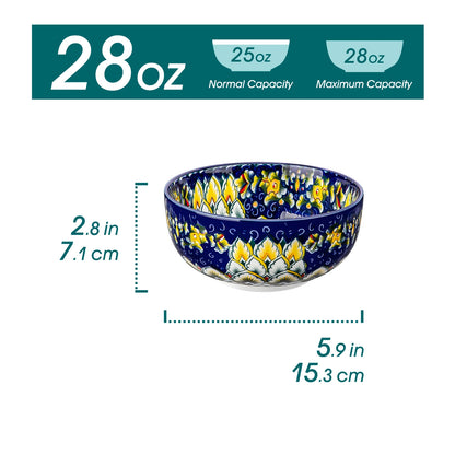 Set of six 28 oz ceramic cereal bowls in bohemian style, ideal for salad, pasta, rice, oatmeal, fruit, or cereal.