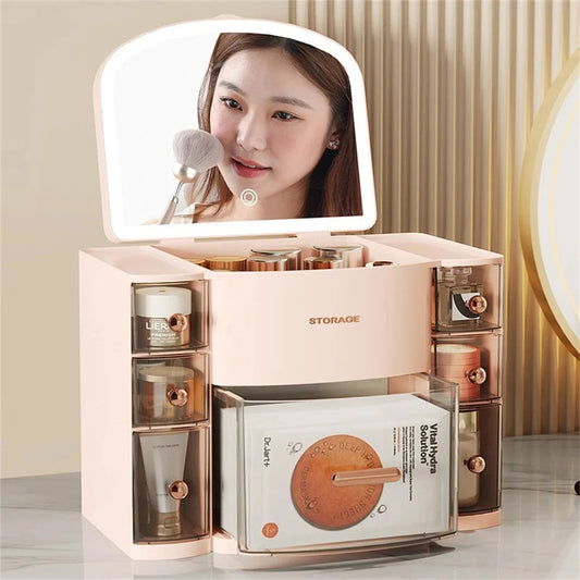Makeup Box with LED Mirror Large Capacity Cosmetic Storage Box Travel Beauty Case Makeup Drawer Organizer Jewelry Makeup