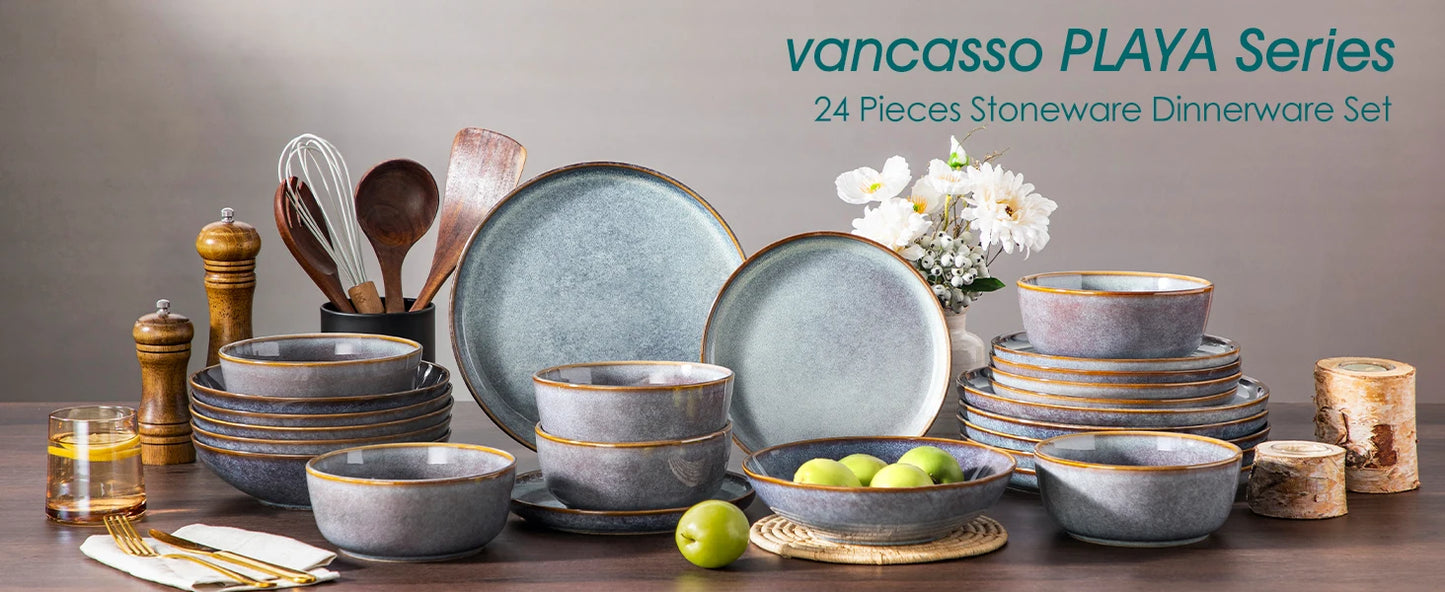 Vancasso grey-blue reactive glaze stoneware dinnerware set with 4 dinner plates, dessert plates, and bowls in various sizes.