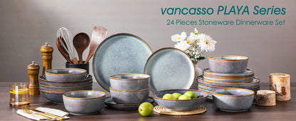 Vancasso grey-blue reactive glaze stoneware dinnerware set with 4 dinner plates, dessert plates, and bowls in various sizes.