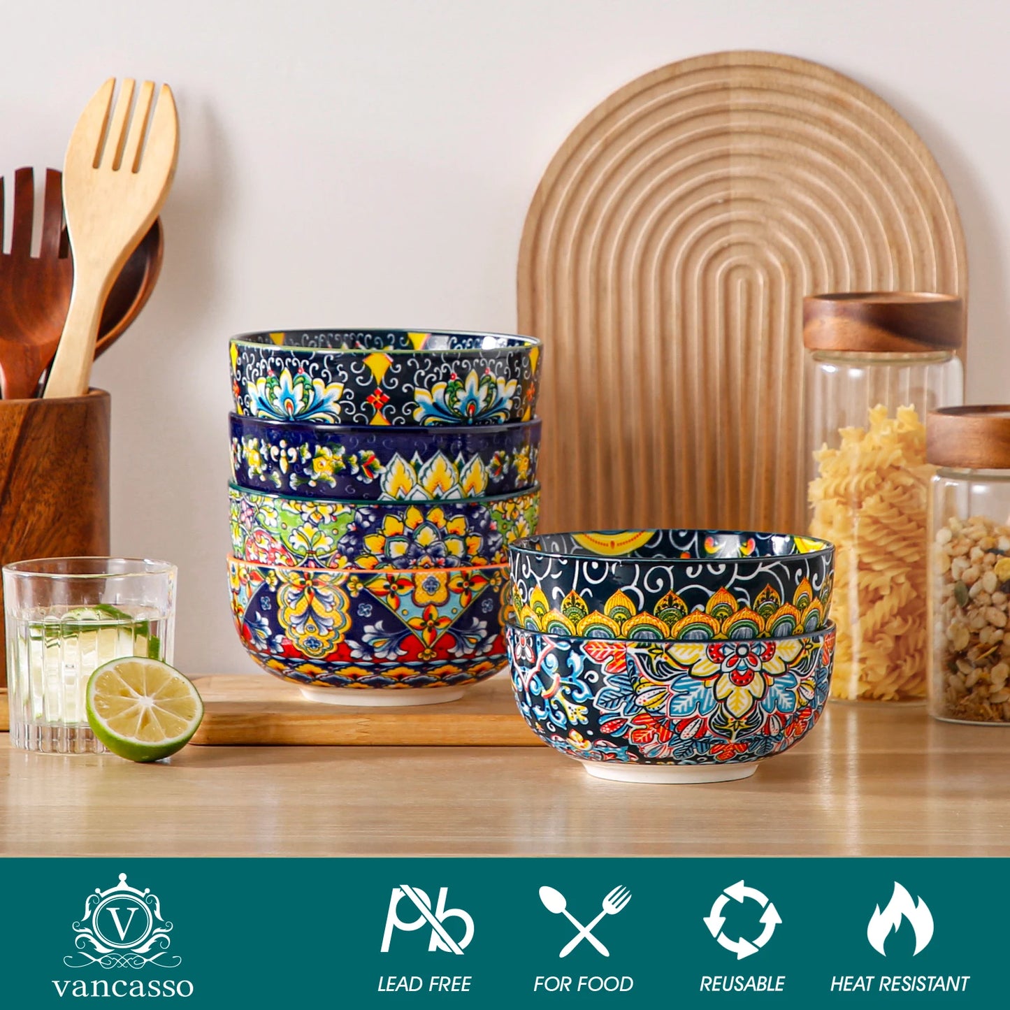 Set of 6 ceramic cereal bowls in bohemian style, 28 oz capacity, ideal for salad, pasta, rice, oatmeal, fruit, and cereal.