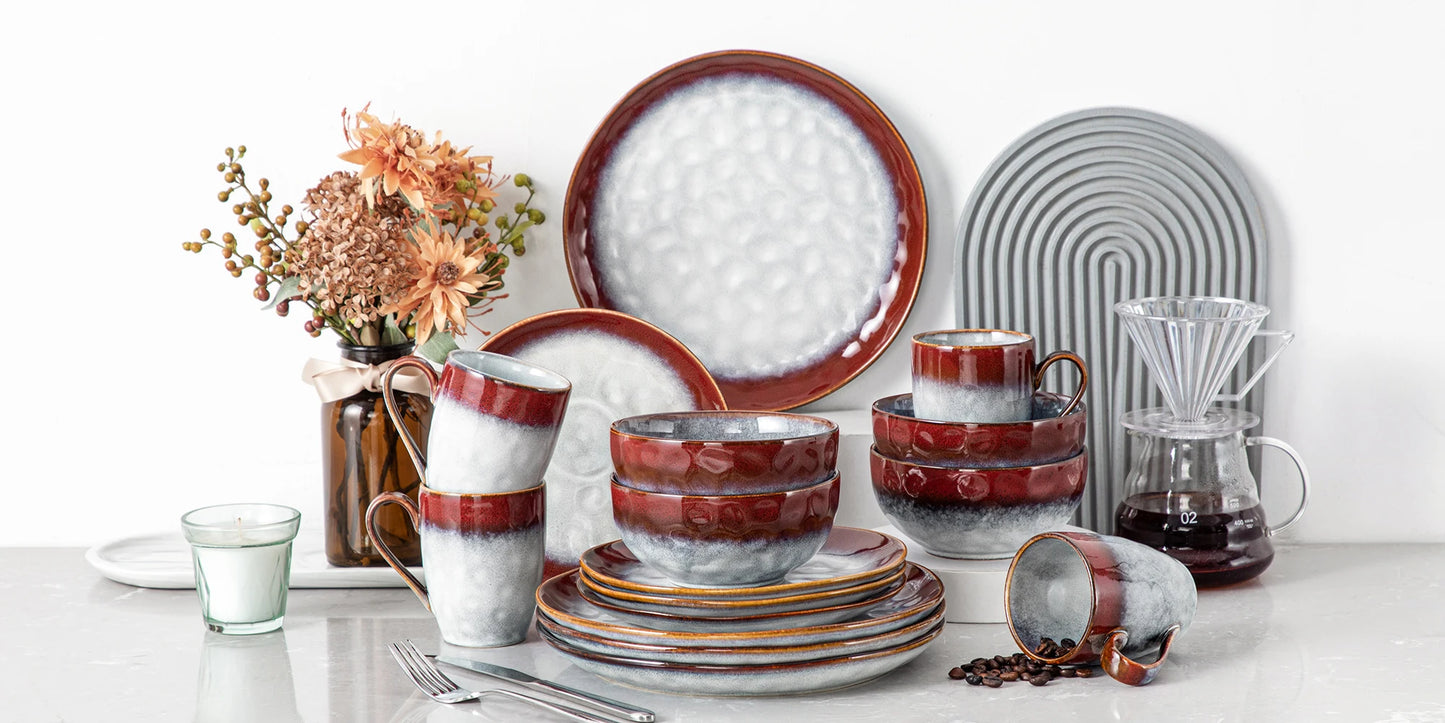 16/32-piece Livoshop dinner set with red and green kiln-change glaze, including dinner plates, dessert bowls, and mugs.