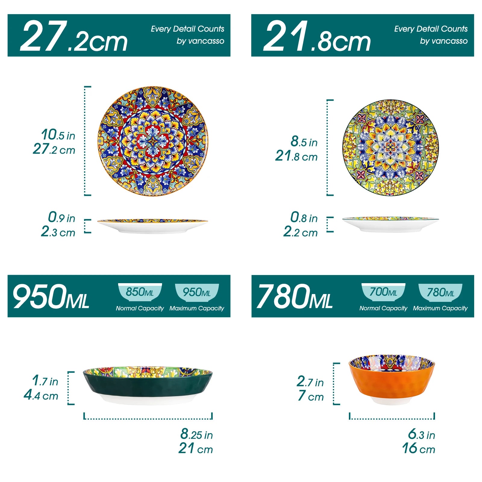 Livoshop bohemian-style ceramic dinnerware set with plates and bowls for six, includes dinner, dessert, cereal, and pasta bowls.