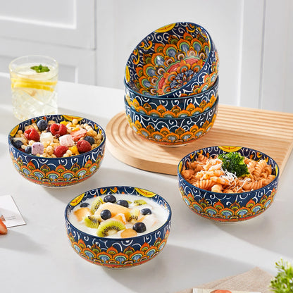 Set of six 28 oz ceramic cereal bowls in bohemian style, ideal for salad, pasta, rice, oatmeal, fruit, and cereal.