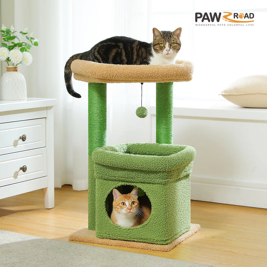 Cat Tree Tower for Indoor Cats with Private Cozy Cat Condo Natural Sisal Scratching Posts and Plush Pom-pom for Small Cats