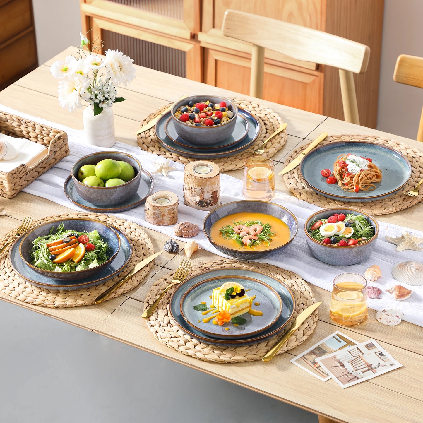 Vancasso grey-blue reactive glaze stoneware dinnerware set with 4-6 pieces including dinner plates, dessert plates, and bowls