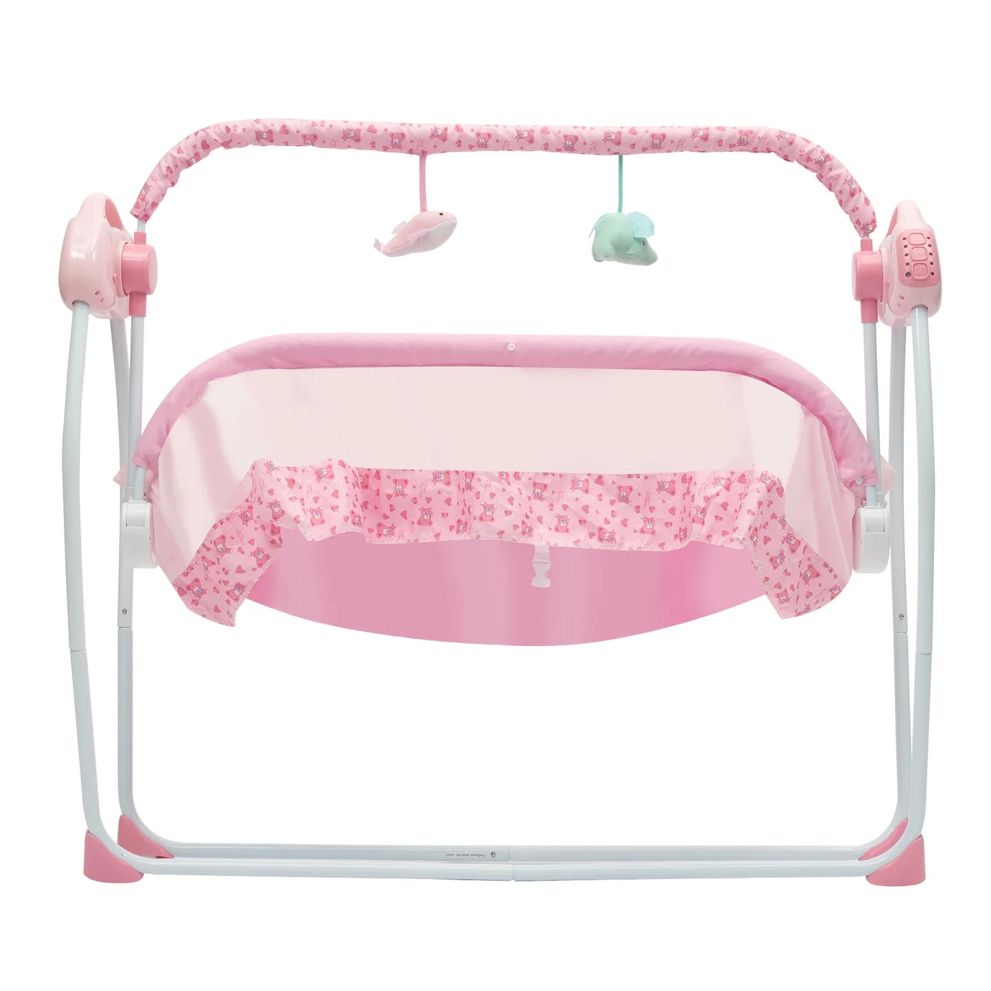Pink USB electric baby crib shaker with auto-swing, music, toys, and adjustable timing, designed for newborns and infants.