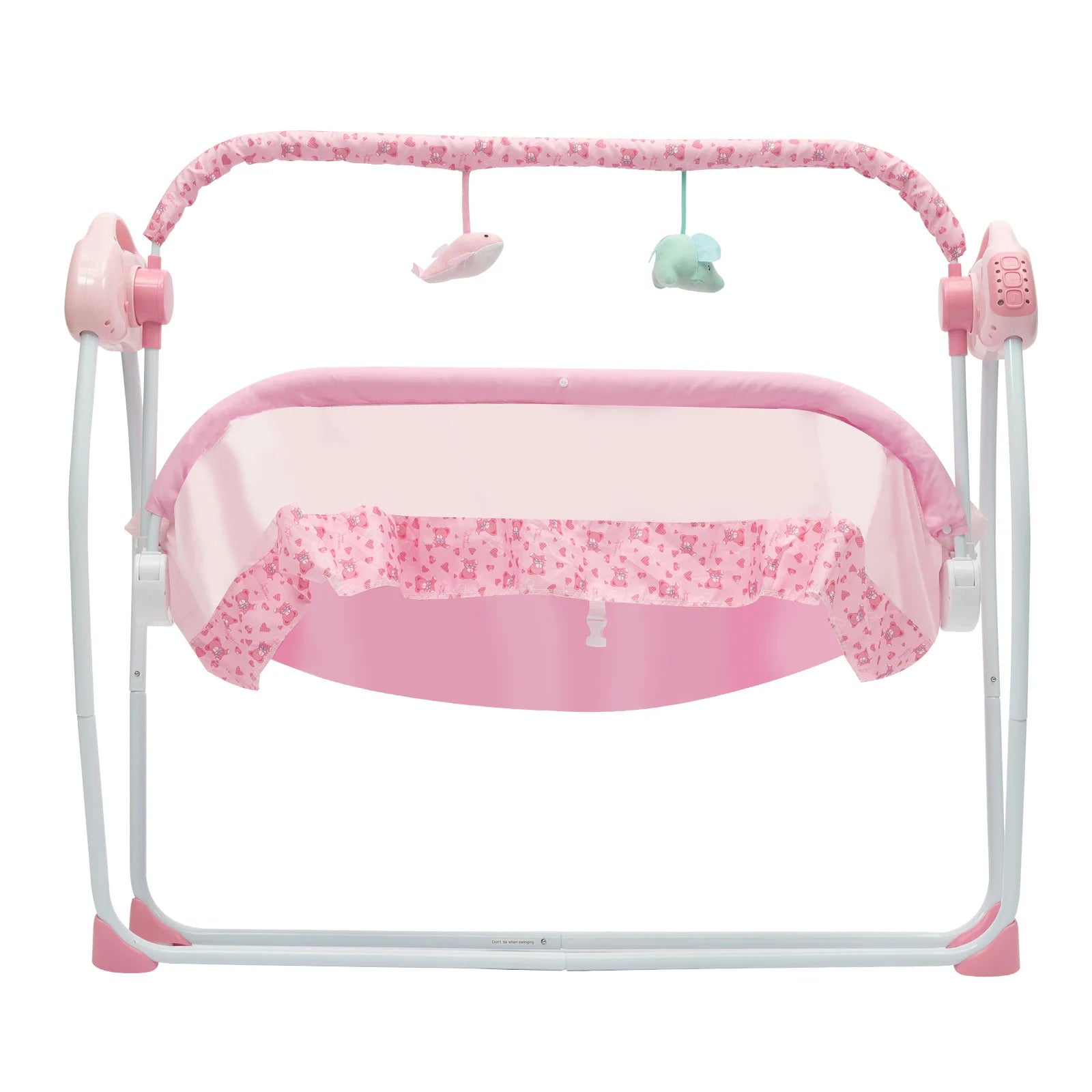 Pink USB electric baby crib shaker with auto-swing, music, toys, and adjustable timing, designed for newborns and infants.