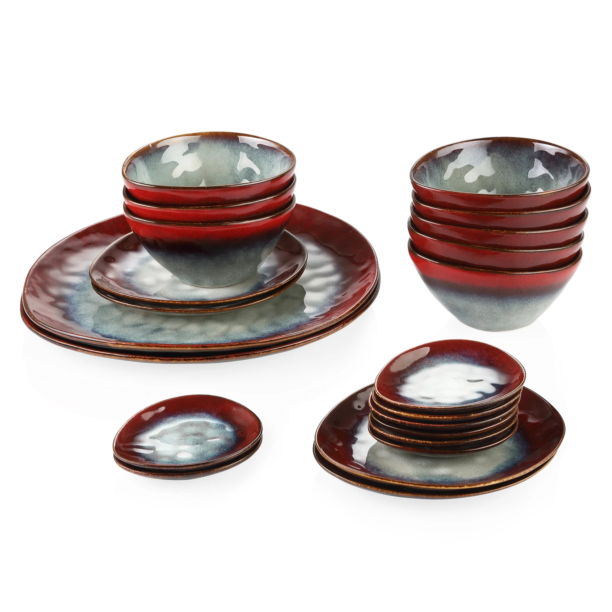 Starry Red ceramic dinner set by Livoshop includes serving platter, dessert plates, bowls, and saucers with vintage look.
